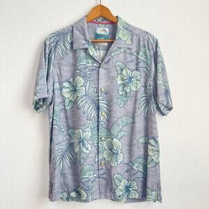 Tommy Bahama Men 100% Silk Shirt Medium Gray Blue Floral Marlin Print Hawaiian